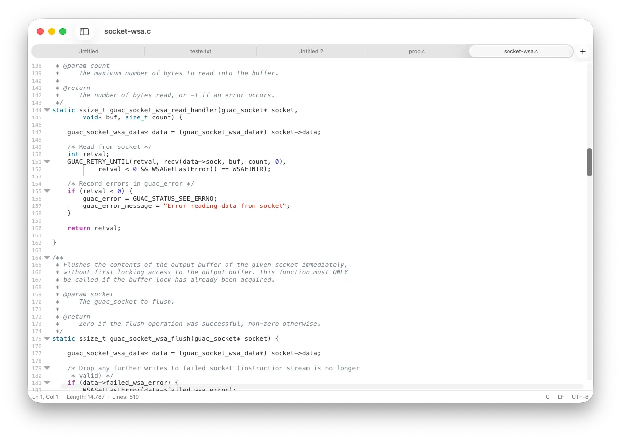 MacPad++ editing a C file, with several documents open as tabs