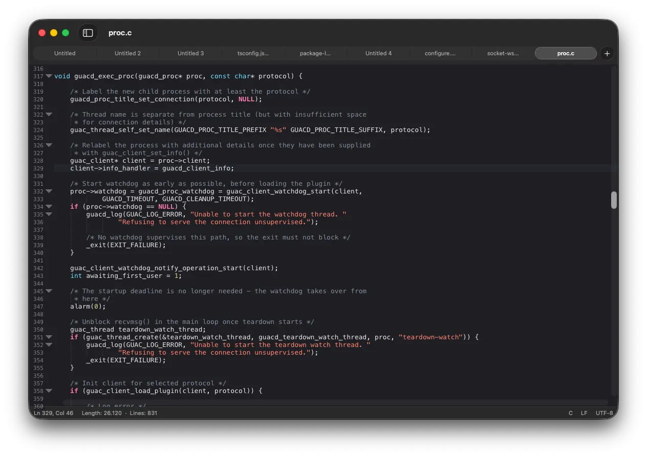 MacPad++ editing a C file, with several documents open as tabs